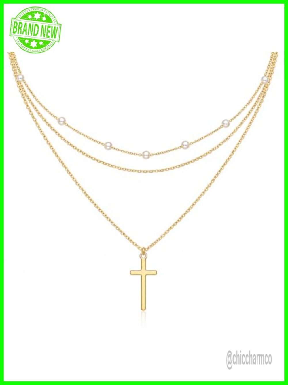 14K Gold Cross Necklace Pearl Accent Layered Pendant Women Everyday